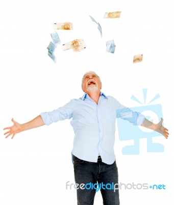 Old Man Euro Money In The Air Stock Photo