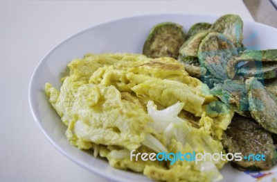 Omelet With Fried Eggplants Stock Photo