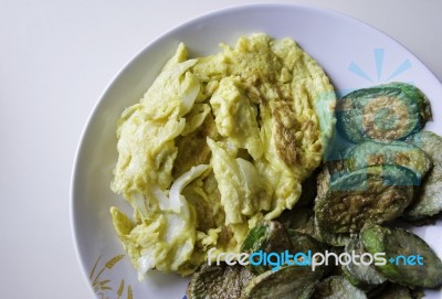 Omelet With Fried Eggplants Stock Photo