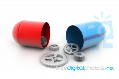 Opened Pill With Gears Inside Stock Image