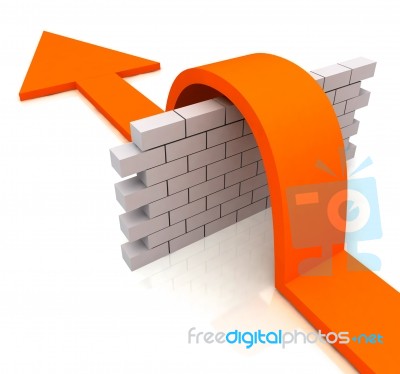 Orange Arrow Over Wall Means Overcome Obstacles Stock Image