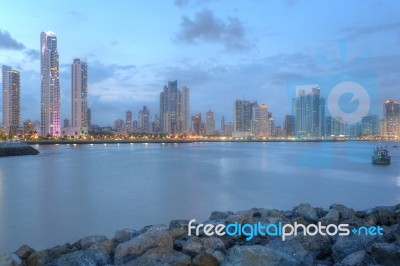 Panama City Center Skyline And Bay Of Panama, Panama, Central Am… Stock Photo