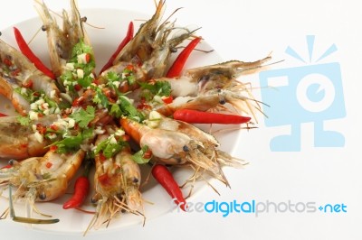 Part Of Spicy Dressed Salad Prawn In Round Plate Stock Photo