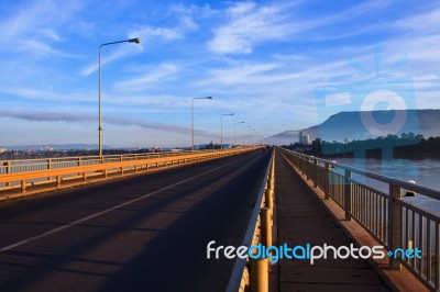 Perspective Of Japan Laos Bridge In Morning Light Crossing Mekon… Stock Photo