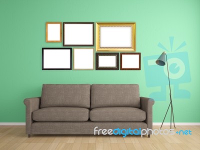 picture frame on wall and sofa interior furniture design stock picture frame on wall and sofa interior furniture design stock