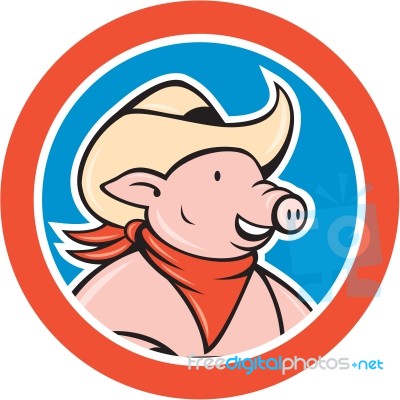 Pig Cowboy Head Circle Cartoon Stock Image