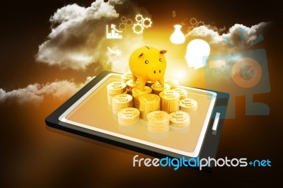 Piggy Bank On With A Tablet Pc Stock Image