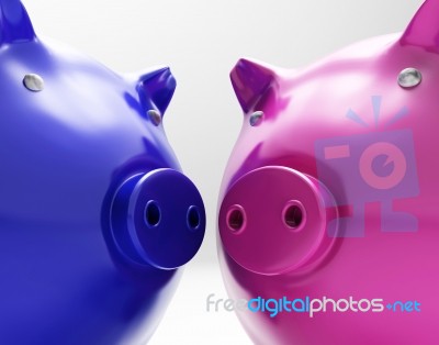 Piggy Duo Shows Investing Finances Together Stock Image