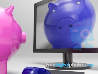 Piggy On Screen Shows Online Bank Savings Stock Image