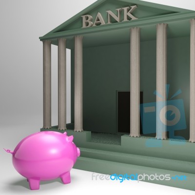 Piggybank Entering Bank Shows Money Loan Stock Image
