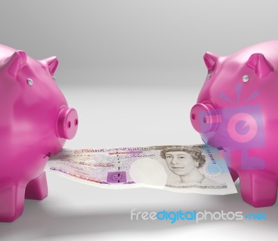Piggybanks Eating Money Shows Shared Savings Stock Image