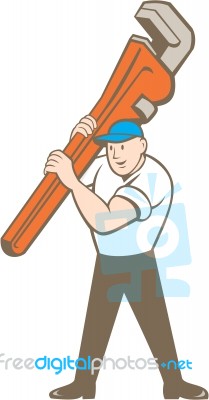 Plumber Carrying Monkey Wrench Cartoon Stock Image