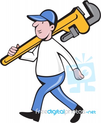 Plumber Holding Monkey Wrench Isolated Cartoon Stock Image