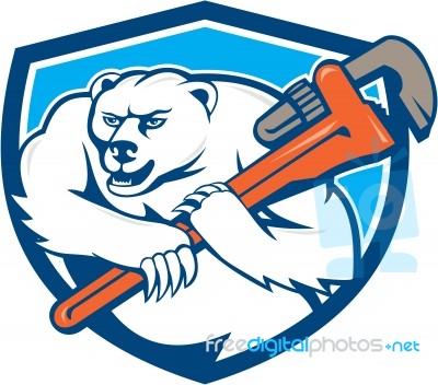Polar Bear Plumber Monkey Wrench Shield Cartoon Stock Image