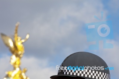 Police Checkered Riding Helmet Stock Photo