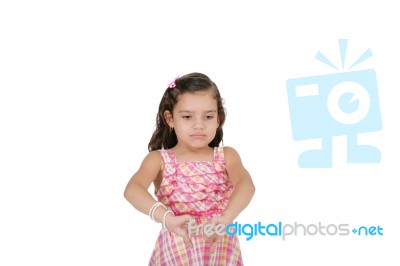 Portrait Of A Beautiful Little Girl With Thumb Down Isolated On Stock Photo