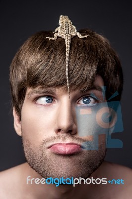 Portrait Of A Young Handsome Man With Lizard On His Face Stock Photo