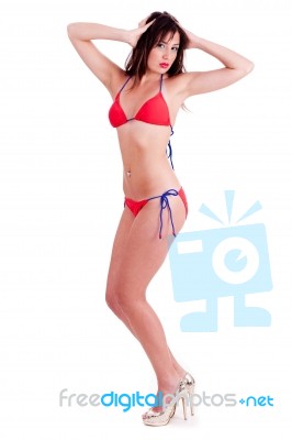 Portrait Of Beautiful Girl In Red Bikini Stock Photo