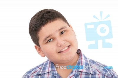 Portrait Of Happy Little Boy Over White Background Stock Photo