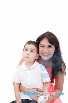 Portrait Of Mother And Child, Isolated On White Stock Photo