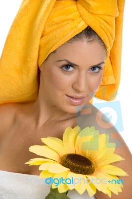 Posing Smiling Sexy Female In Towel With Sunflower Stock Photo