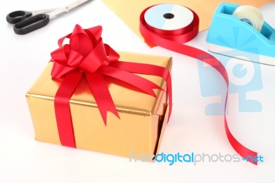 Preparing Gift Box New Year Service On Desktop Stock Photo