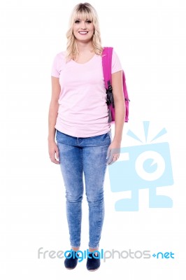 Pretty Woman With Pink School Bag Stock Photo
