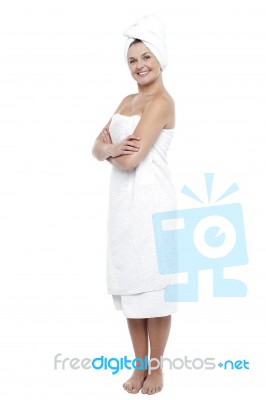Pretty Woman Wrapped In White Towel After Bath Stock Photo