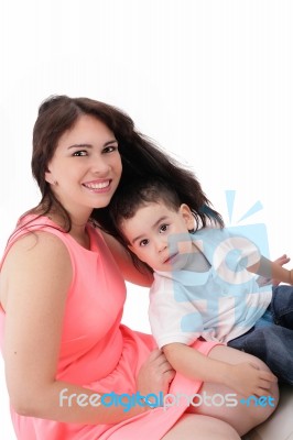 Pretty Young Women With Her Son Isolated Stock Photo