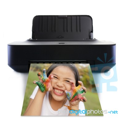 Printer And Little Girl Stock Photo