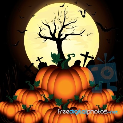 Pumpkin And Bats In Big Moon Night On Black Sky Of Happy Halloween Stock Image