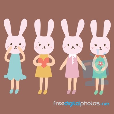 Rabbit Girls In A Different Clothes, Cartoon Illustration Stock Image