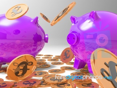 Raining Coins On Piggybanks Shows Richness Stock Image