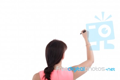 Rear View Of Corporate Woman Writing On Copy Space Isolated On W… Stock Photo