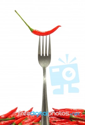 Red Chili Pepper On Fork Stock Photo