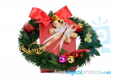 Red Gift Box With Christmas Wreath Stock Photo