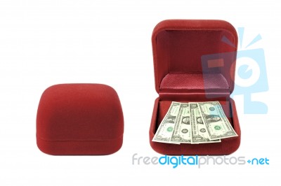 Red Velvet Box With Money Stock Photo