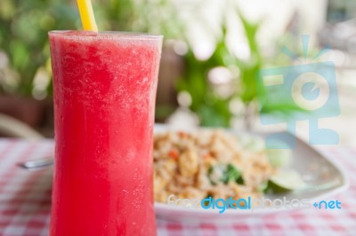 Red Watermelon Juice And Tofu Vegetable Fried Rice Stock Photo