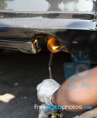 Repairing Exhaust Pipe Stock Photo