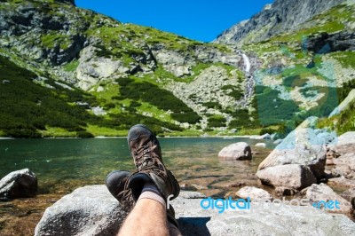 Resting In High Mountains Over The Lake Stock Photo