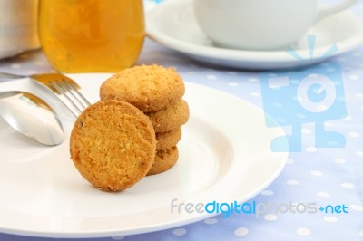 Round Cookie Stack Plate On Table Meal Stock Photo