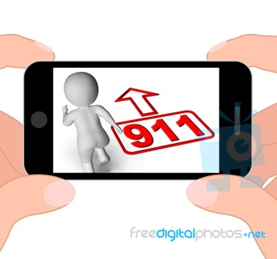 Running Character And 911 Nine One Displays Emergency Help Rescu… Stock Image