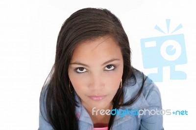 Sad Girl Looking At The Camera Isolated On White Stock Photo
