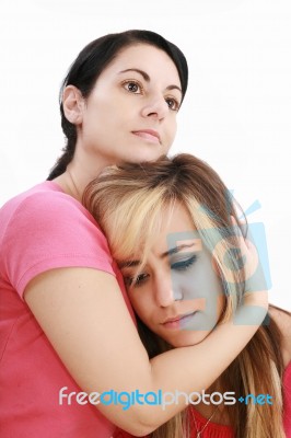 Sadness Woman In Friends Arms Stock Photo