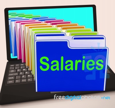Salaries Folders Laptop Show Paying Employees And Remuneration Stock Image