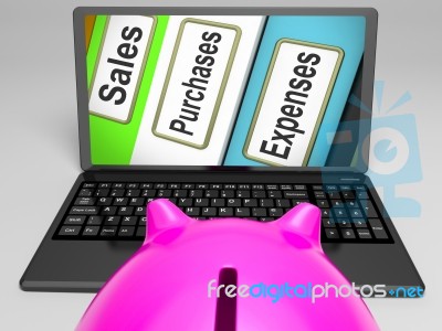 Sales Purchases Expenses Files On Laptop Shows Commerce Stock Image