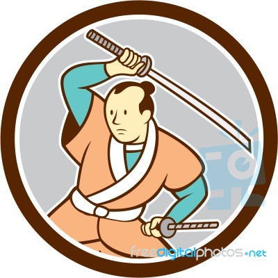 Samurai Warrior Katana Sword Circle Cartoon Stock Image