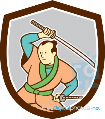 Samurai Warrior Katana Sword Shield Cartoon Stock Image