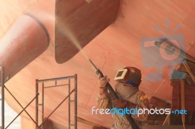Sandblasting Of Metal Structures At Construction Site Stock Photo