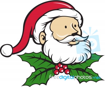 Santa Claus Father Head Christmas Holly Cartoon Stock Image